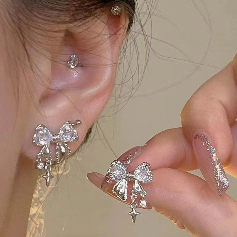 Bowknot Zircon Stud Earrings for Women Fashion Korean Silver Color Pink Crystal Personal