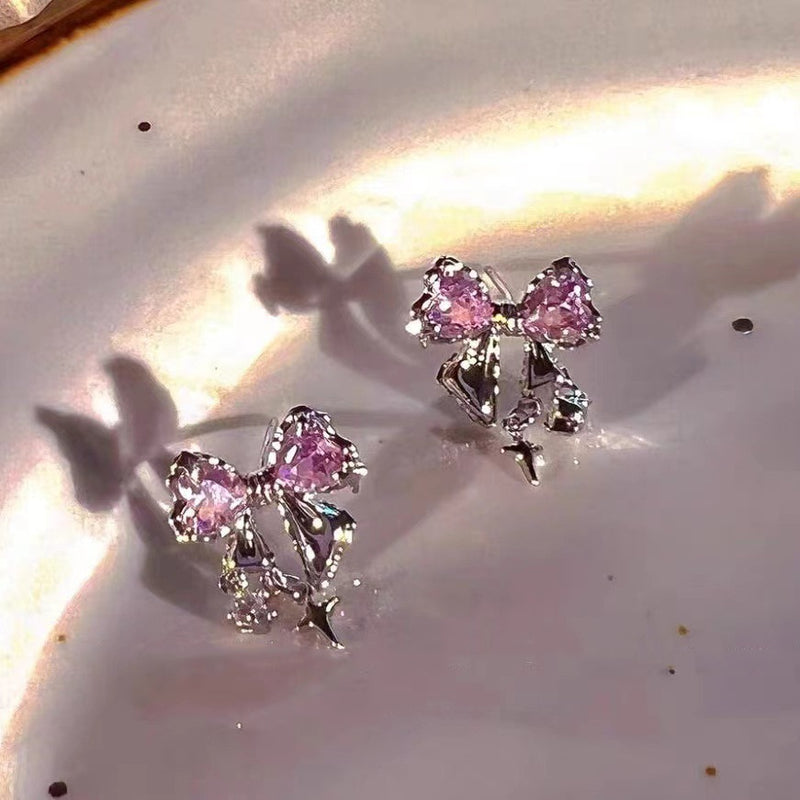 Bowknot Zircon Stud Earrings for Women Fashion Korean Silver Color Pink Crystal Personal