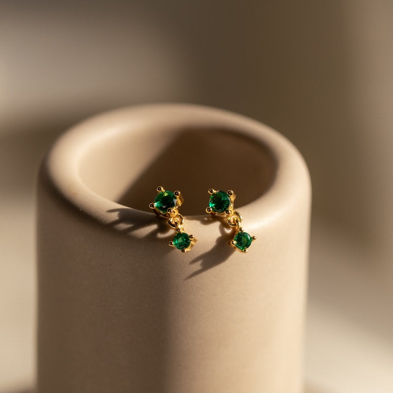 Caitlyn Minimalist Dainty Emerald Birthstone Drop Earrings